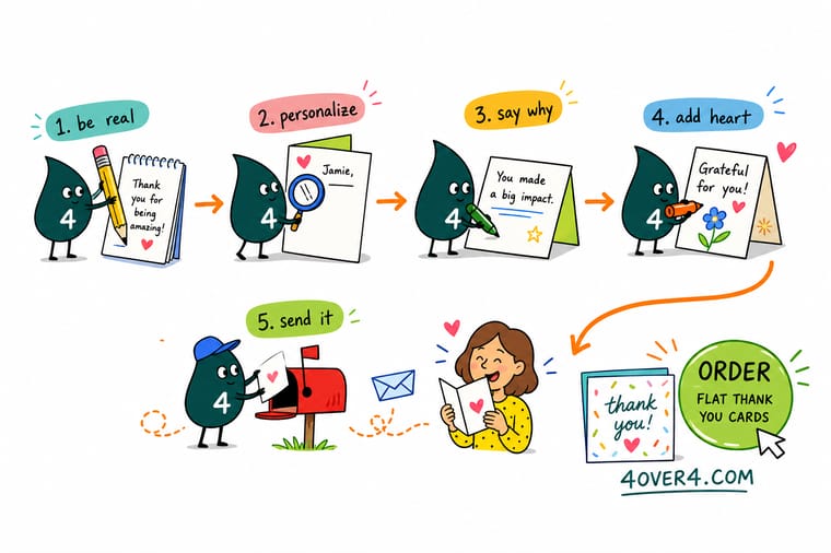 Wally, the 4OVER4 mascot with a 4, writing a thank-you card by hand on premium cardstock