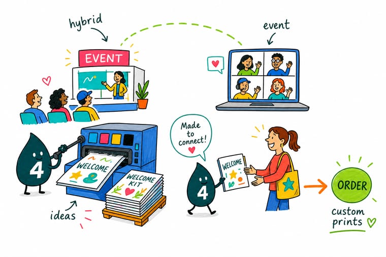 Wally from 4OVER4 packing a printed welcome kit for a remote guest while a hybrid event runs on stage
