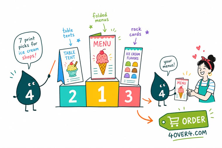 Wally, the 4OVER4 mascot holding a 4, laying out an ice cream shop banner, flavor menu, business card, and die-cut sticker as one matching set