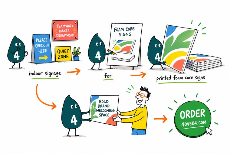 Wally the 4OVER4 mascot holding a 4, arranging a lobby sign, a wayfinding arrow, a wall graphic, and a retractable banner across an office wall