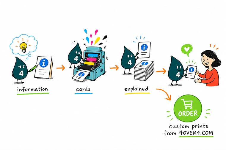 Wally, the 4OVER4 mascot with a 4, sliding a 4 by 9 information card into a literature rack pocket that covers everything below the top third