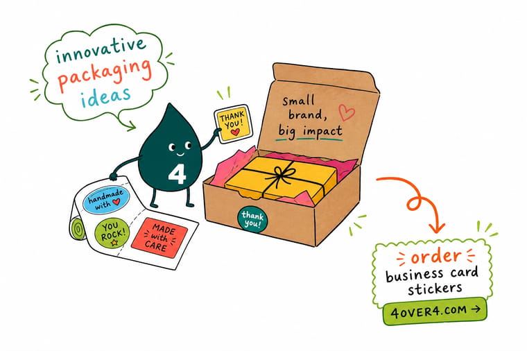 Wally from 4OVER4 assembling a branded small business package: a printed box, tissue sealed with a logo sticker, and a thank-you card tucked inside