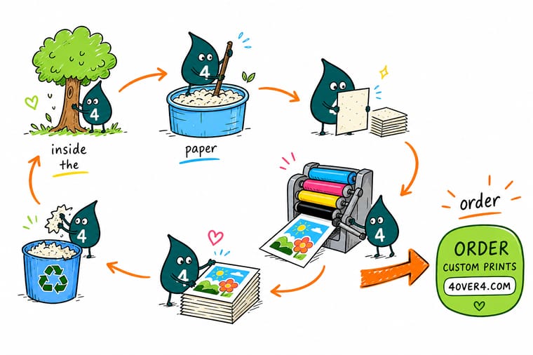 Wally from 4OVER4 following a sheet of paper from forest to pulp mill, press and recycling bin