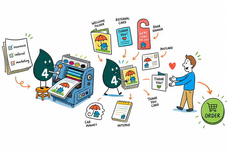 Wally, the 4OVER4 mascot holding a 4, passing an insurance referral postcard, thank-you letter, and pair of business cards along a chain of hands