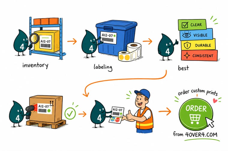 Wally, the 4OVER4 mascot with a 4, scanning a barcode label on a warehouse carton while a rack location label glows behind him