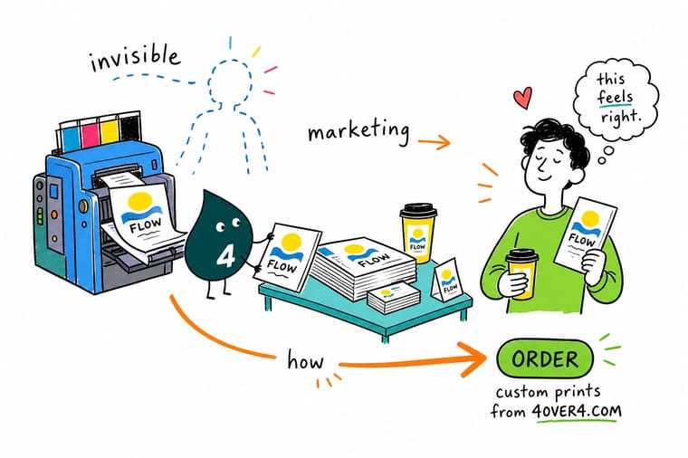 Wally from 4OVER4 pointing at branded packaging, an insert card, and a banner working quietly together