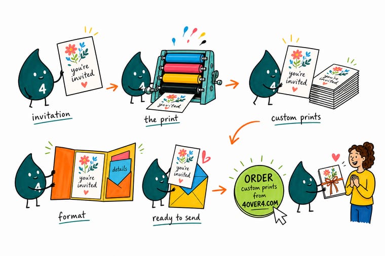 Wally, the 4OVER4 mascot with a 4, folding a 10 by 7 sheet down the middle to make a 5 by 7 invitation and counting the four panels