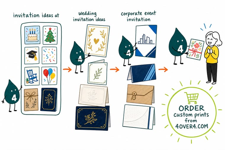 Wally, the 4OVER4 mascot, matching invitations to occasions: a folded linen card for a wedding, a flat card for a work event, a gloss photo card for a birthday and a metallic card for a holiday party