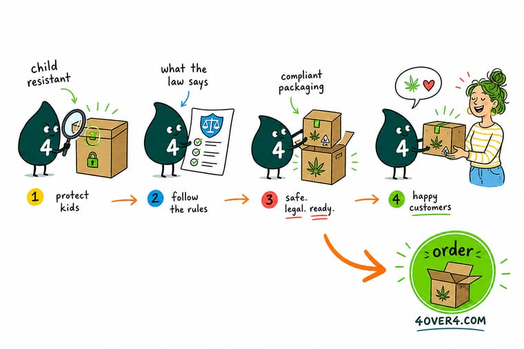 Wally, the 4OVER4 mascot with a 4, holding a child-resistant cannabis box that a toddler cannot open