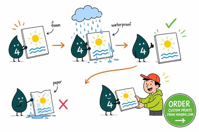 Wally, the 4OVER4 mascot with a 4, holding a bowed foam board in the rain next to a flat PVC sign that shrugs the water off