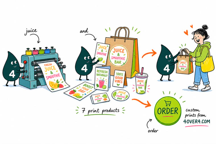 Wally, the 4OVER4 mascot holding a 4, arranging a juice bar's menu, cup sticker, window cling, and table tent into one matching print set
