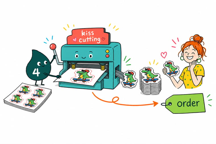 Wally, the 4OVER4 mascot holding a 4, peeling a kiss-cut sticker off its liner to show that the backing stays whole