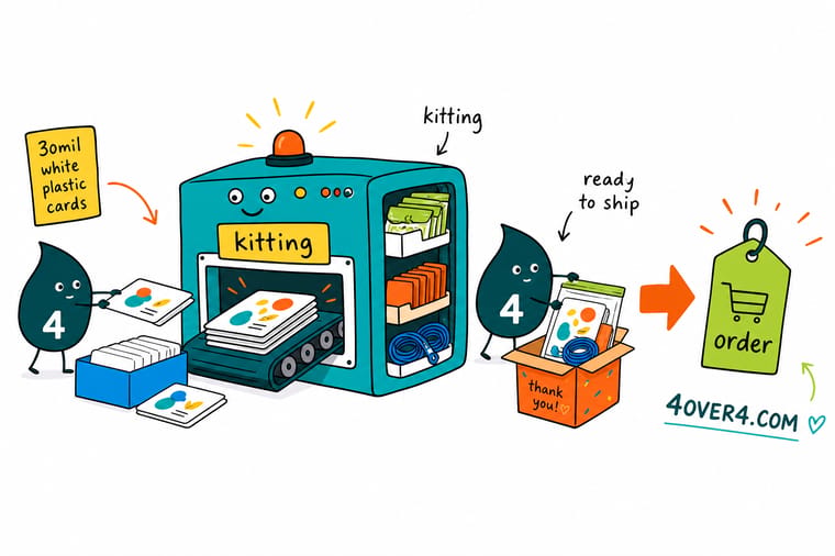 Wally, the 4OVER4 mascot holding a 4, dropping a card, a notebook, and a charger into a single shipping box to show print kitting and fulfillment