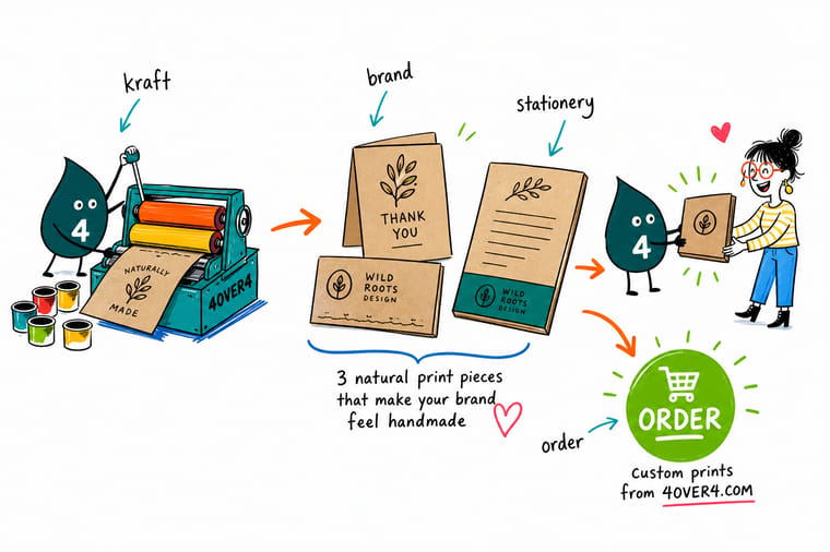 Wally, the 4OVER4 mascot, holding a kraft box, a sheet of kraft letterhead and a kraft bookmark as one matching brand set