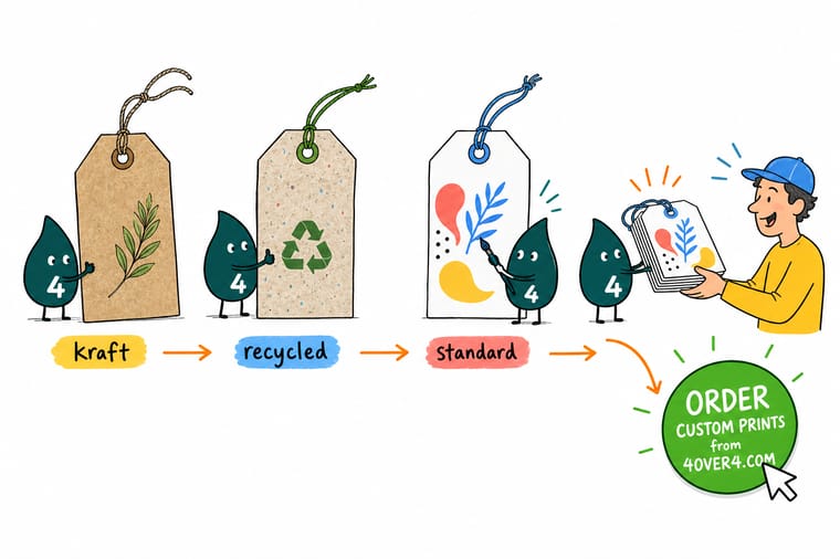 Wally, the 4OVER4 mascot with a 4, holding three hang tags side by side, one brown kraft, one natural recycled and one white gloss, showing how the same logo prints on each