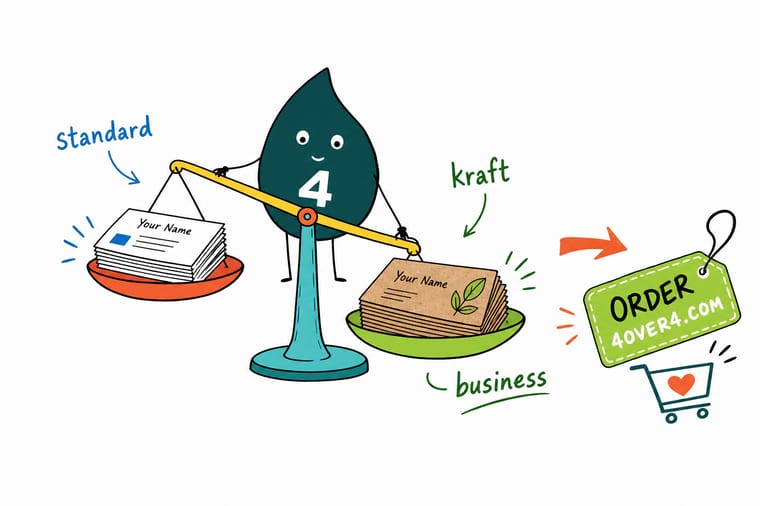 Wally, the 4OVER4 mascot holding a 4, weighing a natural brown kraft business card in one hand and a vivid white standard card in the other to show the choice