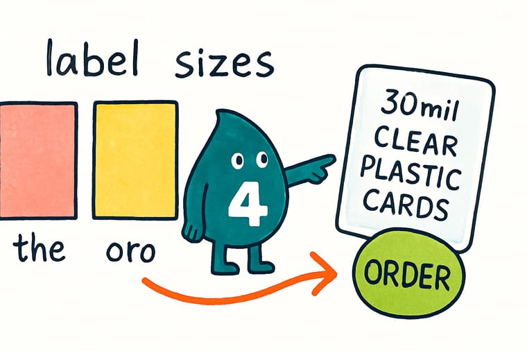 Wally, the 4OVER4 mascot, holding a ruler against a bottle while a chart of standard label sizes floats beside him