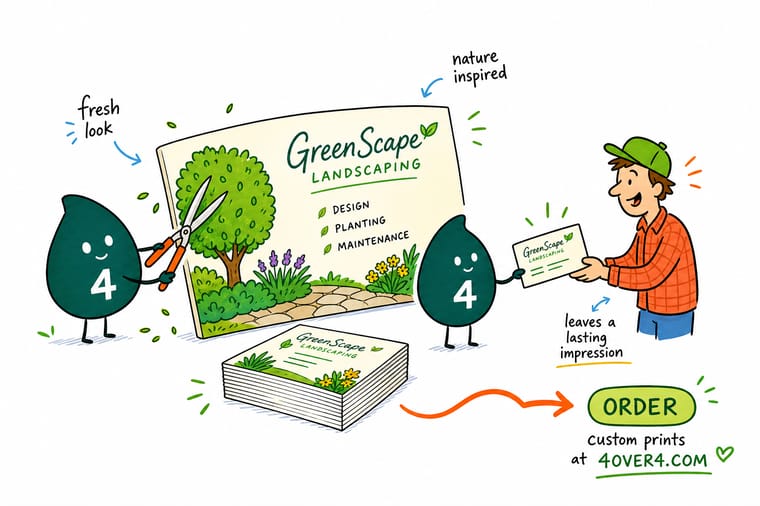 Wally from 4OVER4 handing out a thick green landscaping business card with a die-cut leaf