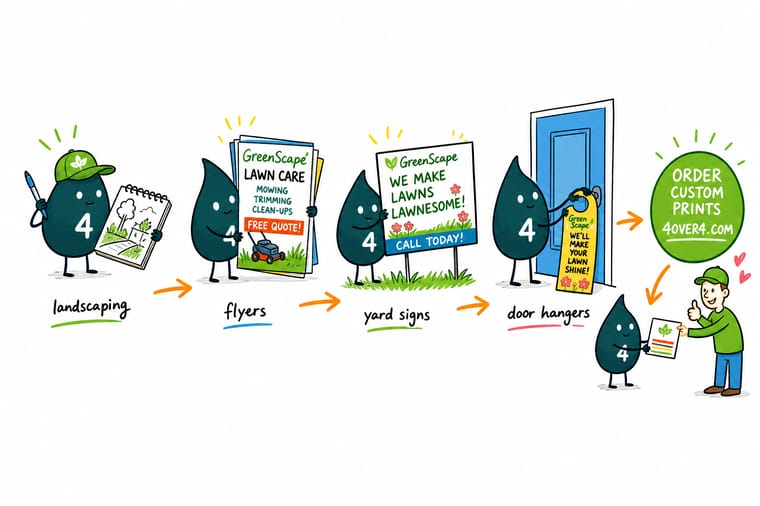 Wally, the 4OVER4 mascot with a 4, planting a yard sign in a freshly mown lawn while hanging a door hanger on the neighbor's knob and holding a stack of flyers