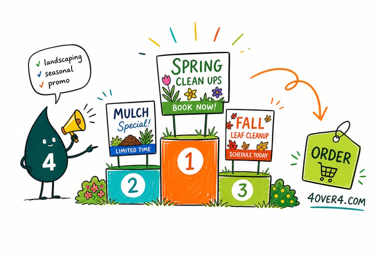 Wally, the 4OVER4 mascot holding a 4, arranging a landscaping yard sign, car magnet, business card, and postcard around a four-season calendar