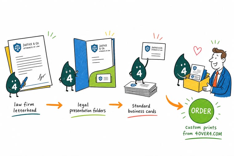 Wally, the 4OVER4 mascot with a 4, holding a business card, a sheet of law firm letterhead and a legal presentation folder side by side to show their sizes