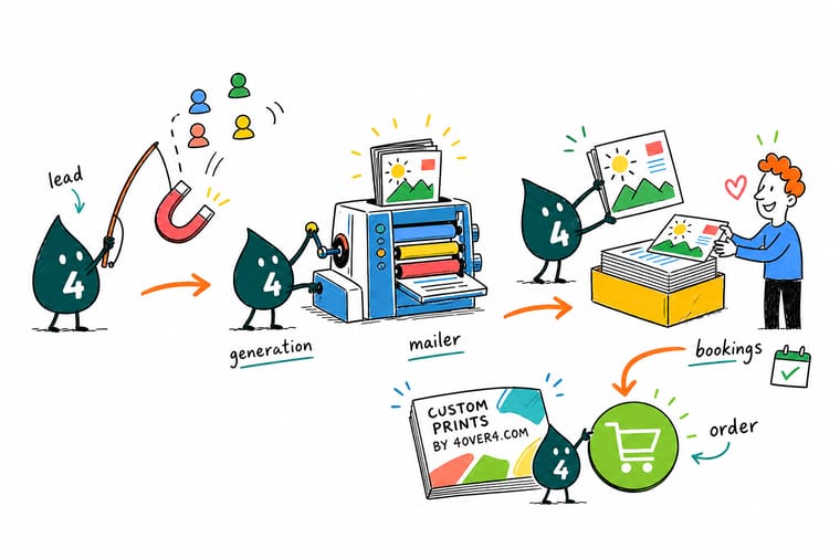 Wally, the 4OVER4 mascot, holding a printed mailer box beside a double-sided banner while explaining how a lead-generation print campaign fits together