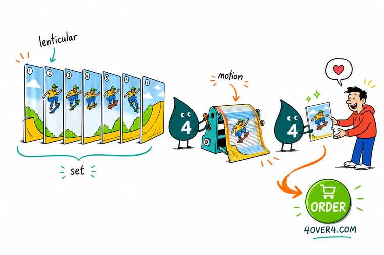Wally, the 4OVER4 mascot, tilting a lenticular card so the image flips, with a lens sheet cross section beside him showing interlaced strips under plastic lenses