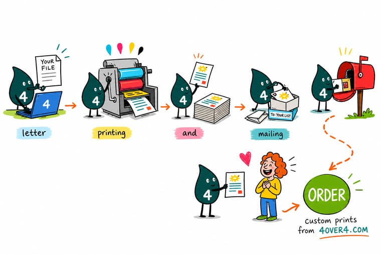 Wally, the 4OVER4 mascot with a 4, feeding letters through a folding machine into envelopes while a mailing list prints each address