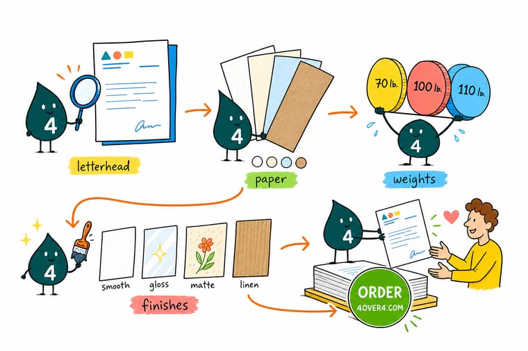 Wally, the 4OVER4 mascot holding a 4, weighing a stack of letterhead paper stocks from light bond to heavy foil text