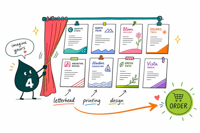 Wally the 4OVER4 mascot presenting a custom letterhead with a bold header and clean layout