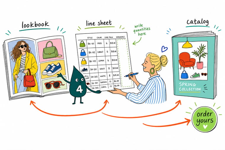 Wally, the 4OVER4 mascot with a 4, holding a styled lookbook in one hand and a marked-up line sheet in the other while a buyer writes quantities in the margin
