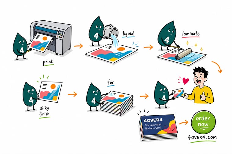 Wally, the 4OVER4 mascot with a 4, rolling a clear liquid coat across a printed sheet until it shines
