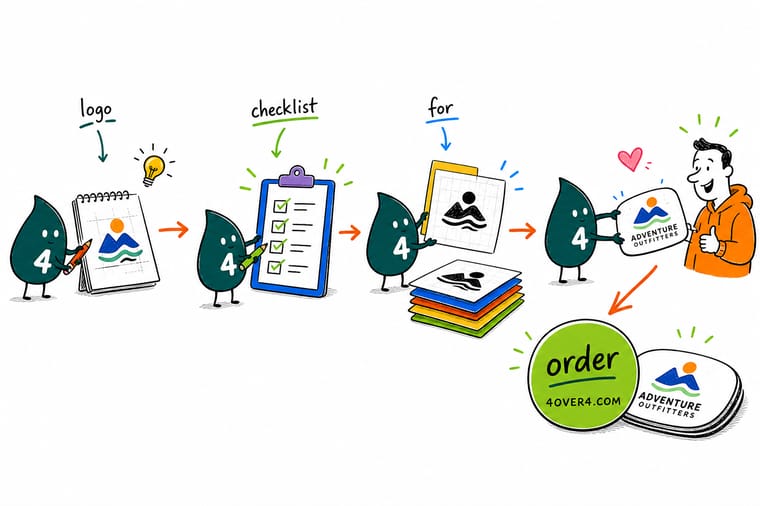 Wally, the 4OVER4 mascot with a 4, ticking off a logo checklist stage by stage