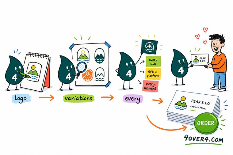 Wally, the 4OVER4 mascot holding a 4, placing four versions of a logo onto a card, a sign, and a box