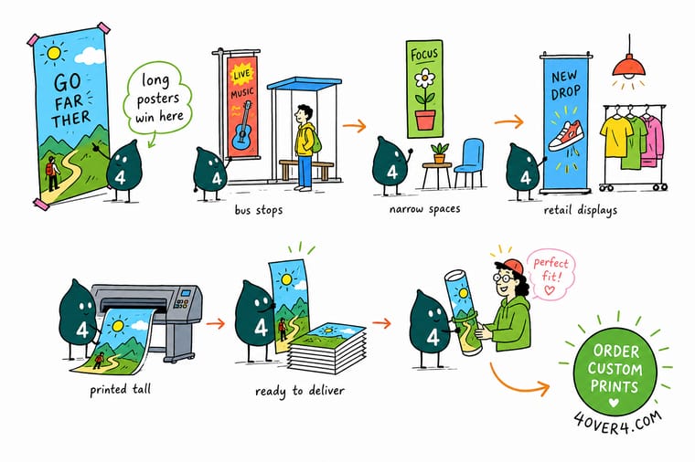 Wally, the 4OVER4 mascot with a 4, measuring a door with a tape and unrolling a tall 12 by 36 poster against it