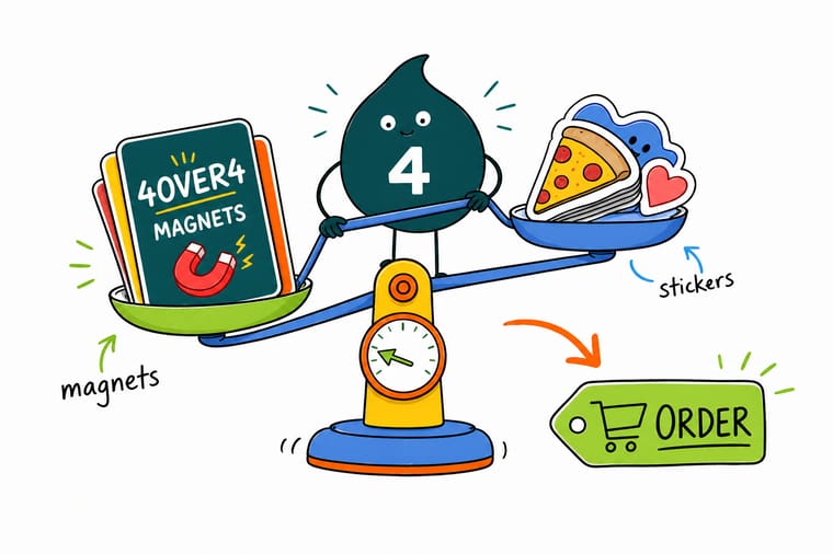Wally, the 4OVER4 mascot holding a 4, balancing a fridge magnet on one palm and a peeled die-cut sticker on the other to show the reuse versus permanence choice
