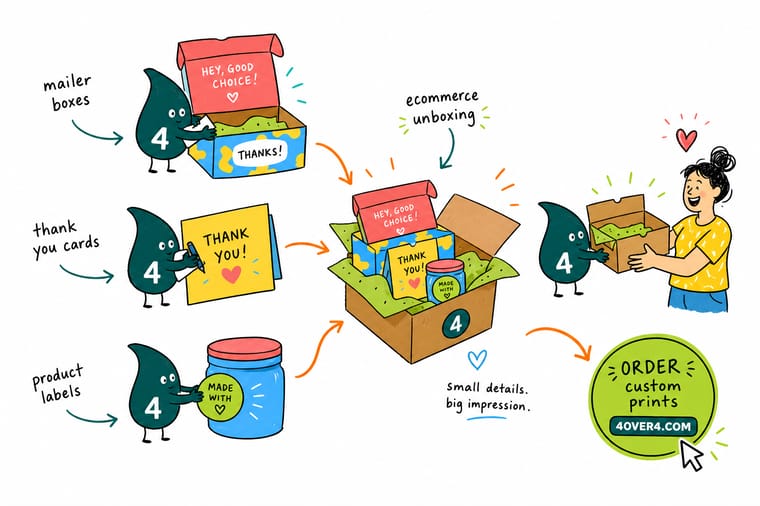 Wally, the 4OVER4 mascot with a 4, holding a mailer box in one hand, a thank you card in the other, and wearing a product label on his chest