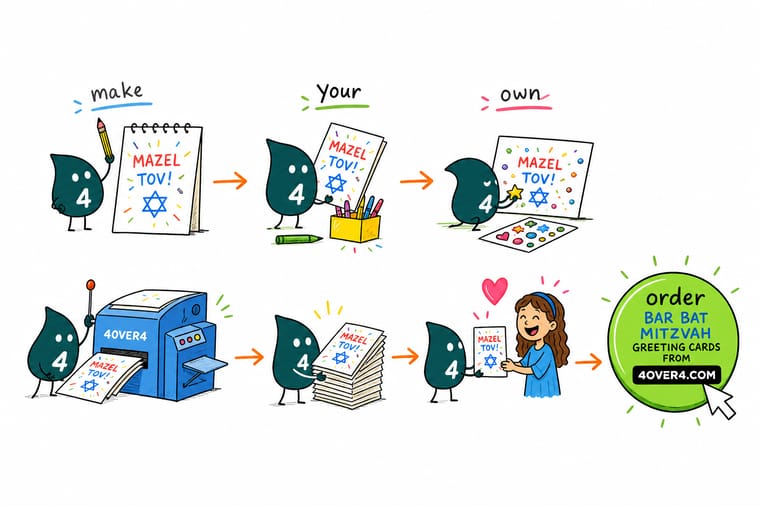 Wally, the 4OVER4 mascot, folding a hand designed greeting card along its score line beside a stack of printed cards