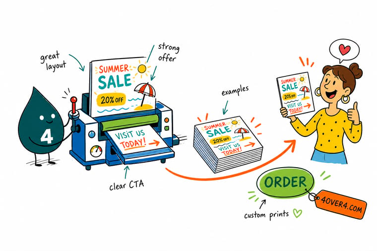 Wally from 4OVER4 holding a marketing postcard and pointing at the single offer, the expiry date and the QR code on the back