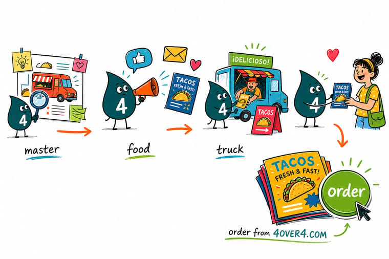 Wally, the 4OVER4 mascot holding a 4, standing at a food truck window and handing a customer a branded flyer while the wrap, signage, and labels all match