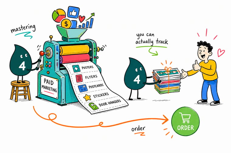 Wally, the 4OVER4 mascot, holding a mailed postcard with a promo code in one hand and a calculator in the other, showing how spend divided by coded responses gives a cost per response