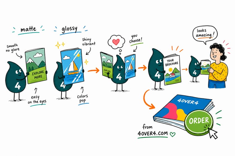 Wally, the 4OVER4 mascot with a 4, holding a matte brochure in one hand and a glossy brochure in the other