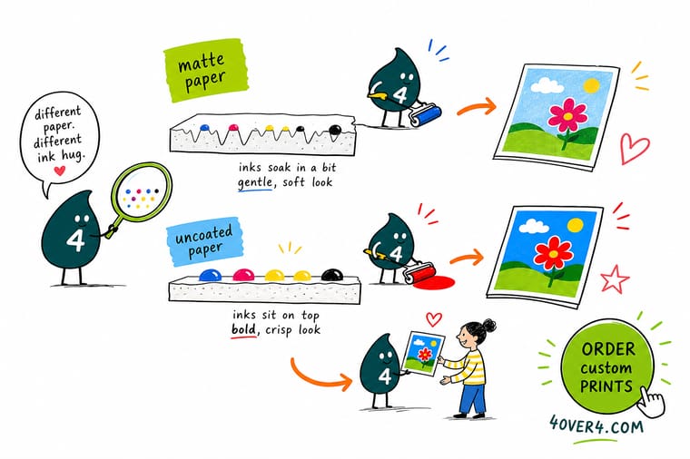Wally, the 4OVER4 mascot with a 4, dropping ink on a coated matte sheet where it beads on the surface and on an uncoated sheet where it soaks straight into the fiber