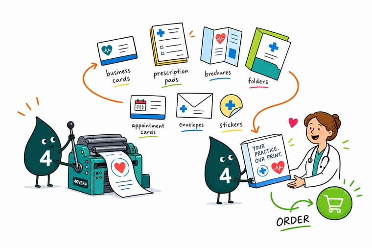 Wally, the 4OVER4 mascot holding a 4, organizing medical business cards, patient brochures, intake forms, and a practice newsletter as one matching set