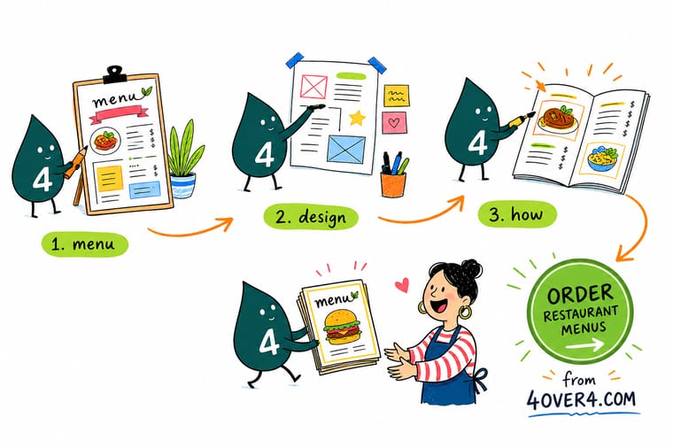 Wally, the 4OVER4 mascot holding a 4, explaining how to lay out a menu design that sells more