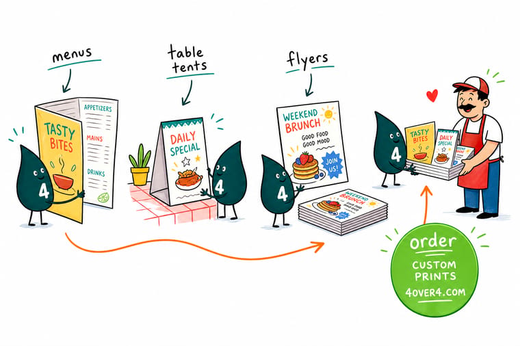Wally, the 4OVER4 mascot with a 4, handing a flyer out on the sidewalk, passing a menu to a seated guest, and standing a table tent between two plates