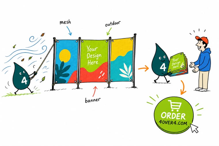 Wally, the 4OVER4 mascot, holding a perforated mesh banner against the wind next to a mini retractable stand and a sheet of product labels