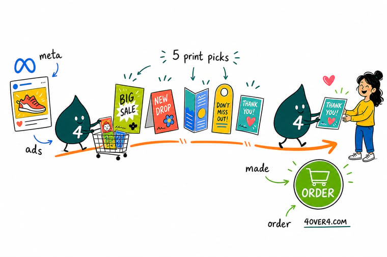 Wally, the 4OVER4 mascot, standing between a rising ad-auction bid chart and a stack of printed postcards, stickers and flyers that reach the same customer without a bid