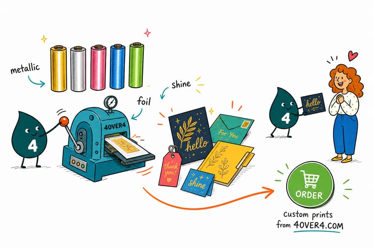 Wally, the 4OVER4 mascot holding a 4, tilting a foil business card into the light beside a foil postcard, a foil hangtag and a raised foil pocket folder to show the five-piece metallic foil set