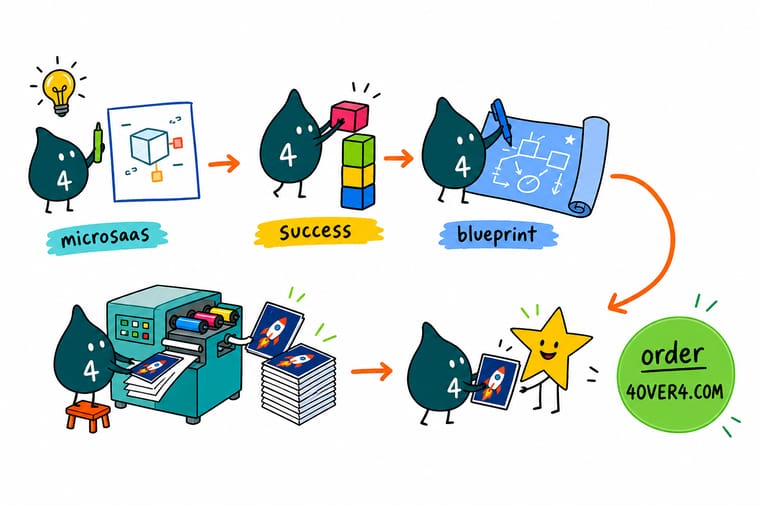 Wally, the 4OVER4 mascot with a 4, at a small desk running a one-person software product, filling a leaky bucket that shows how churn caps revenue
